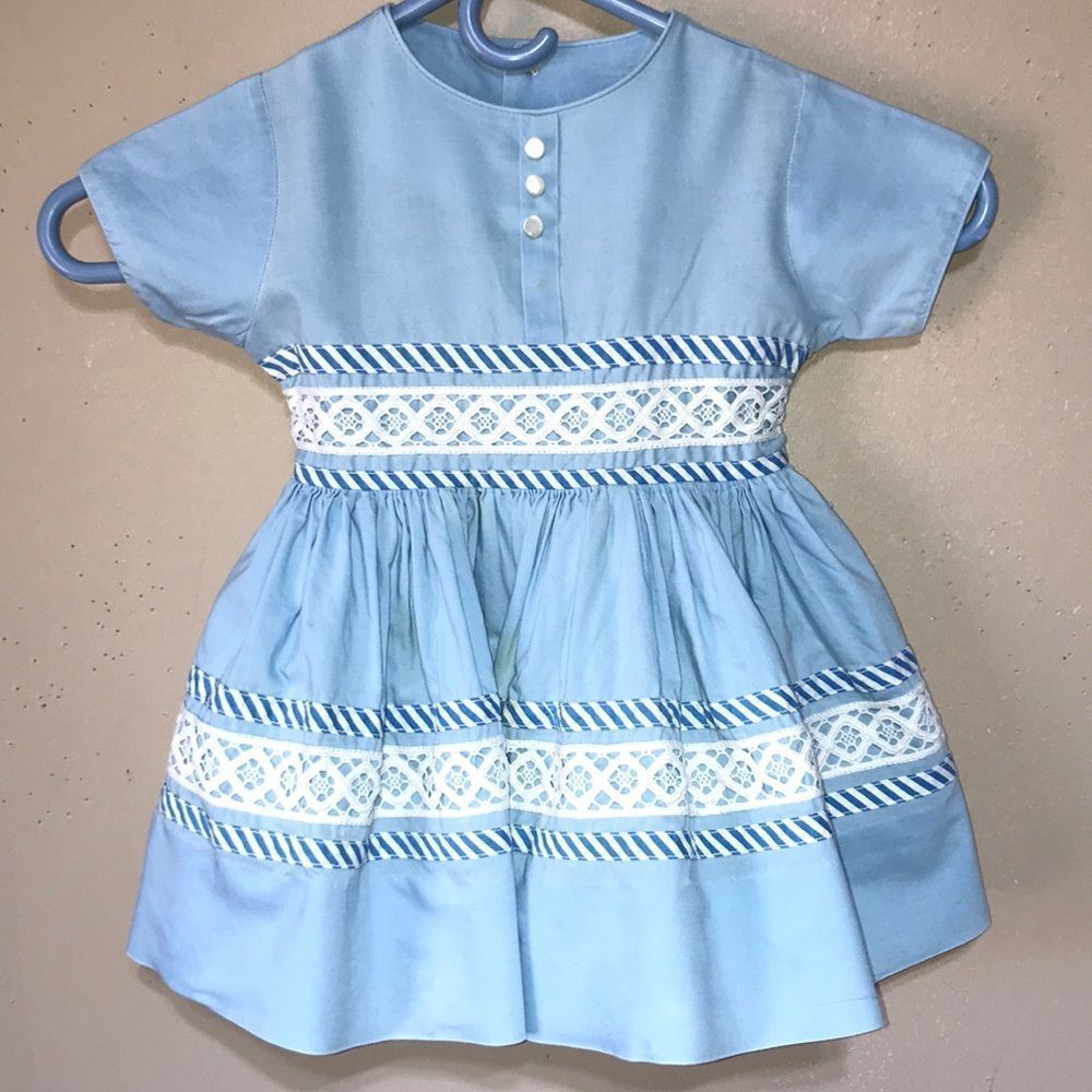 Vintage 50s handmade blue ribbon embellished crinoline dress size 12-18 months